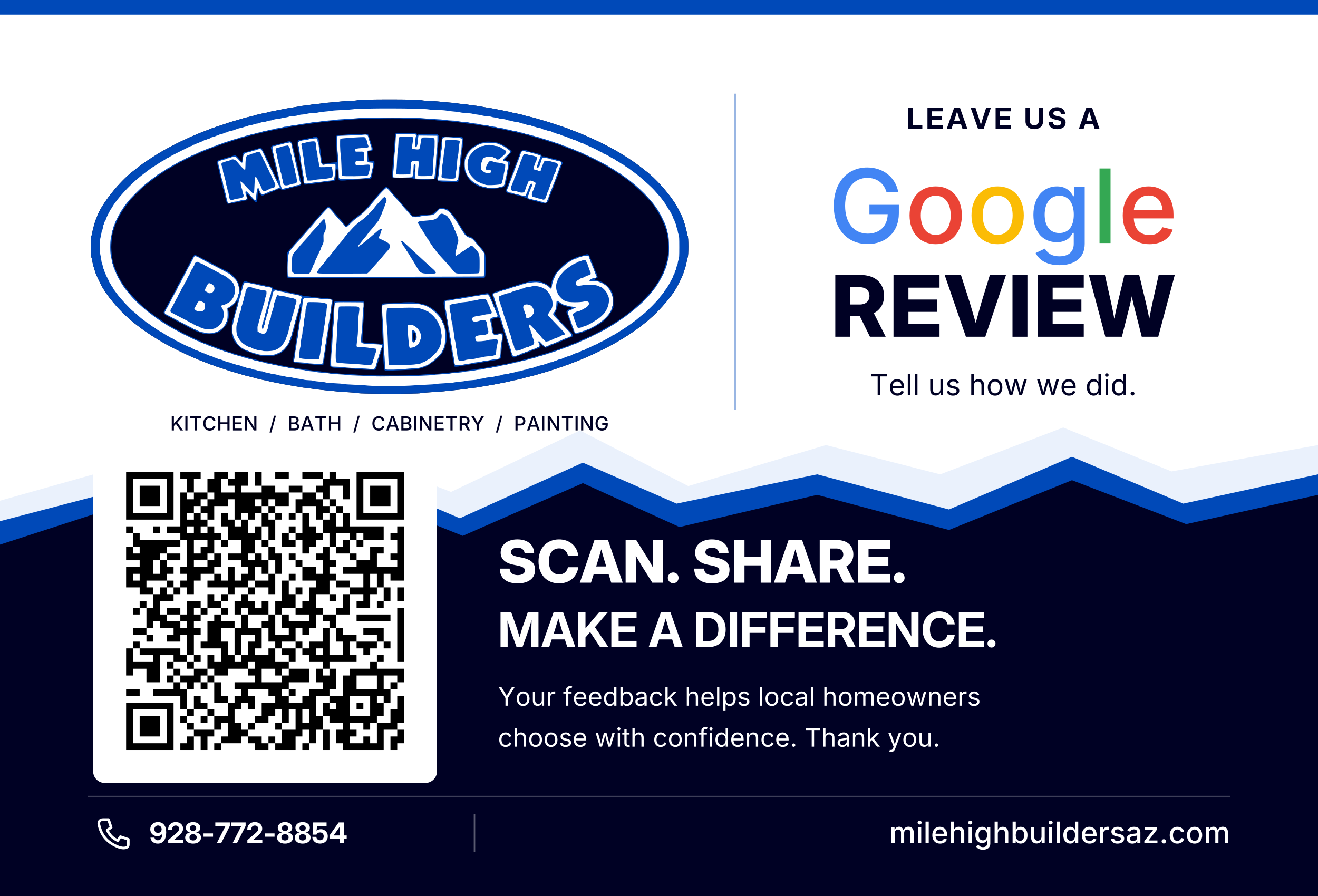 Mile High Builders Google review card with QR code